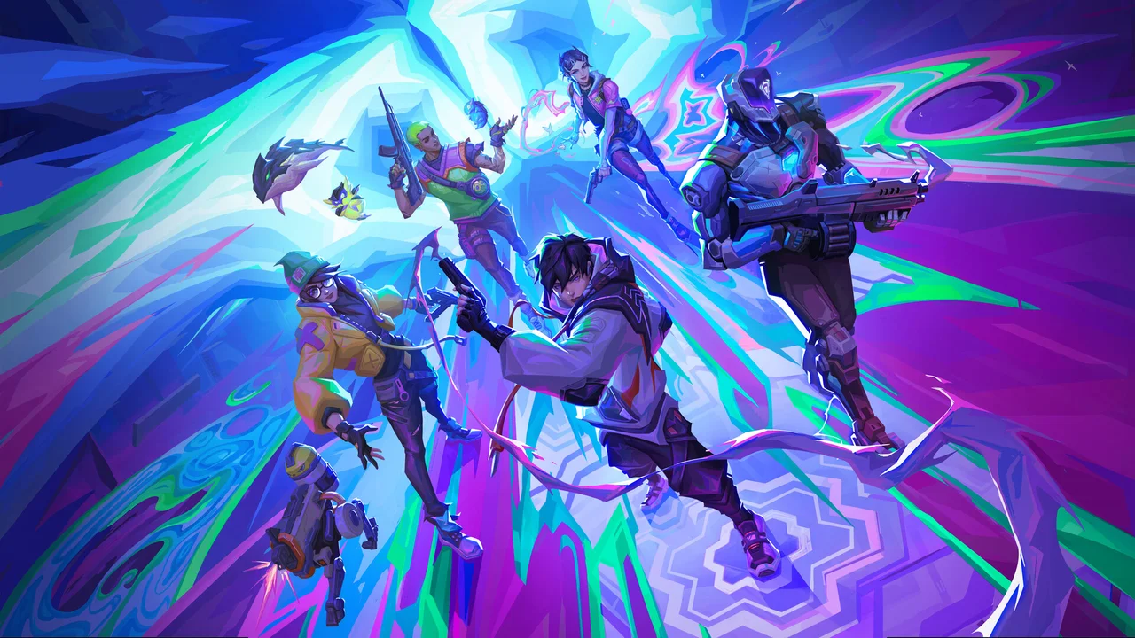 VALORANT agents in a colourful illustrated scene
